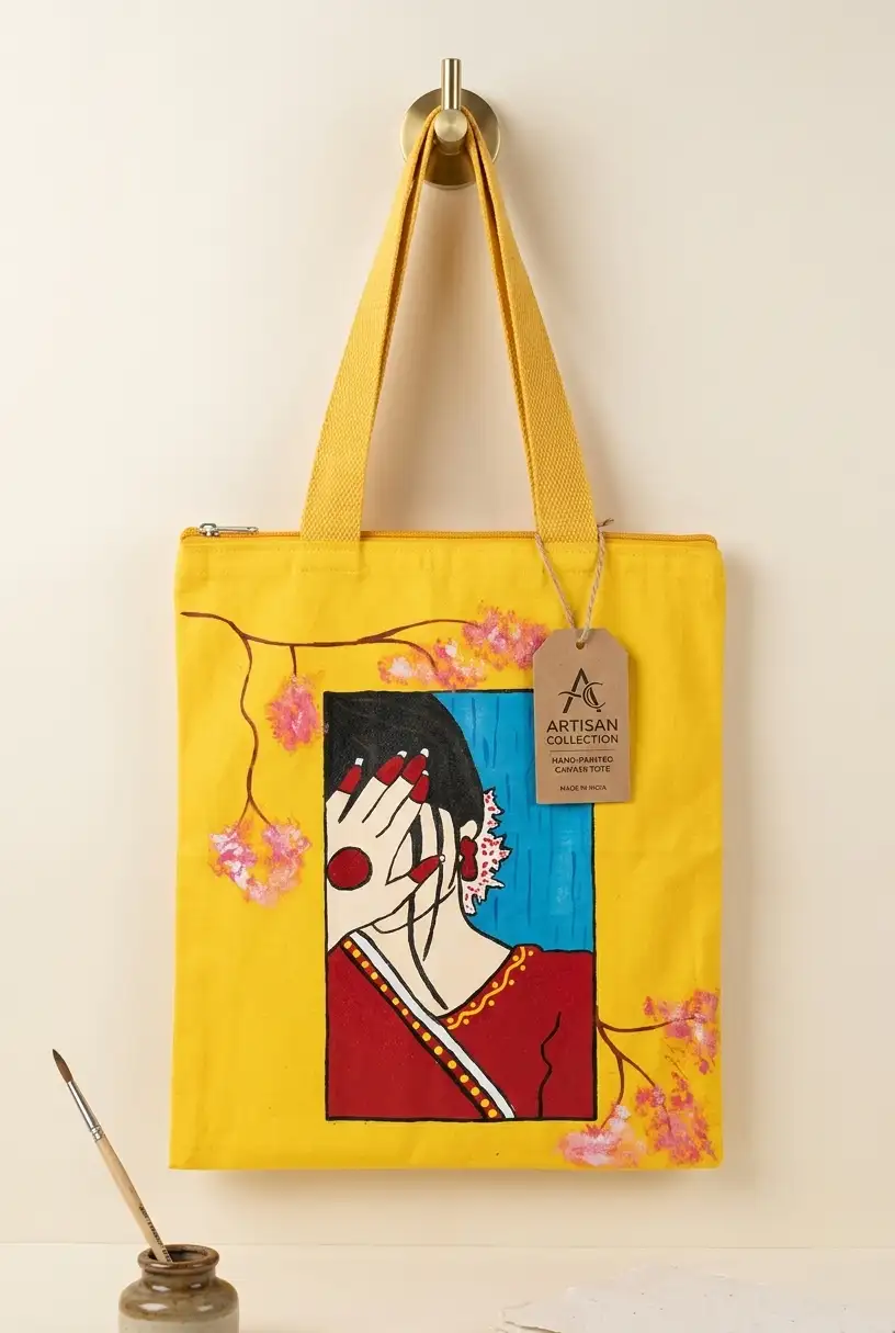 Boshonto Hand-Painted Canvas Tote Bag – Traditional Bengali Woman & Cherry Blossom Art