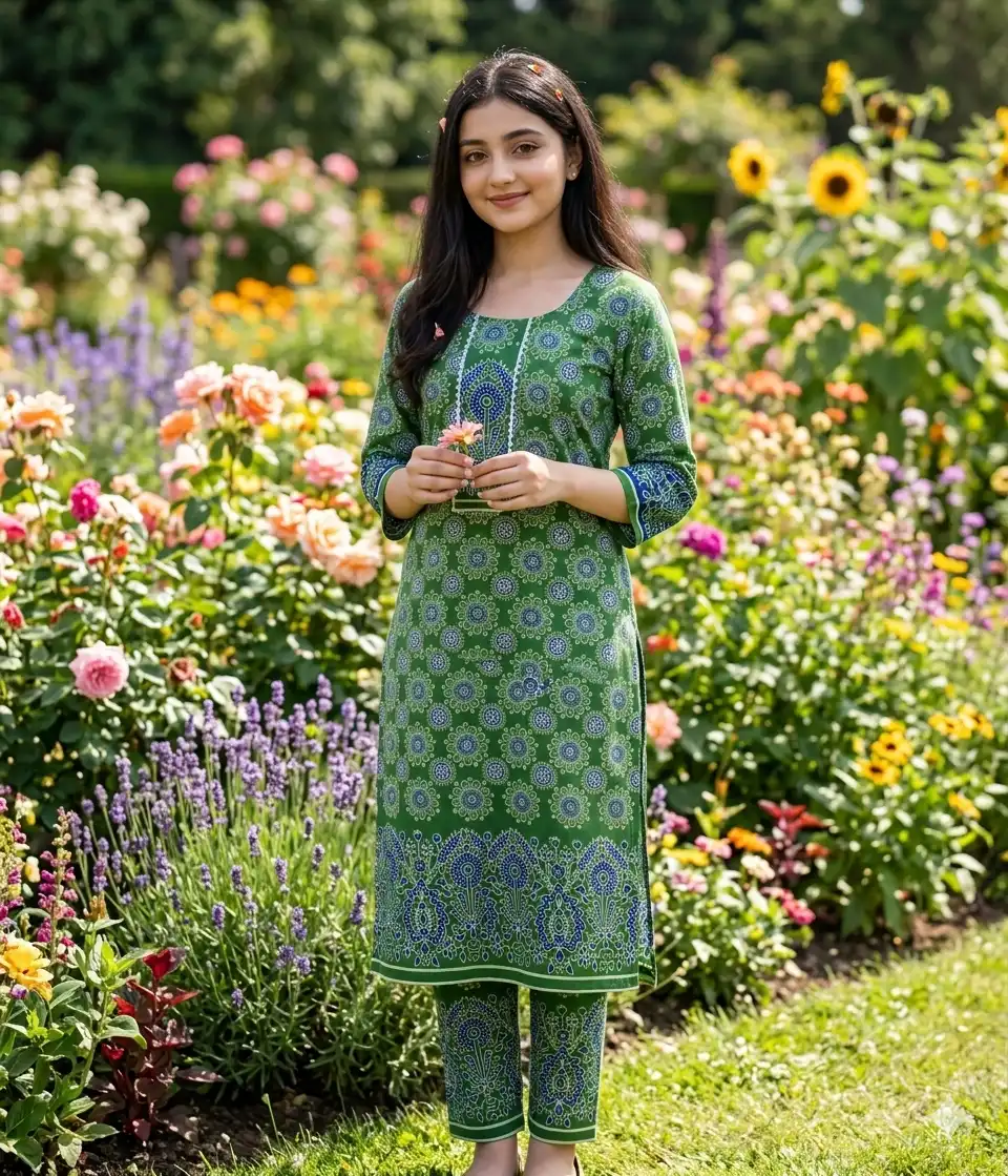 Green Ajrak Printed Two Piece Kurti Set with Pencil Pant (3/4 Sleeve) size 42