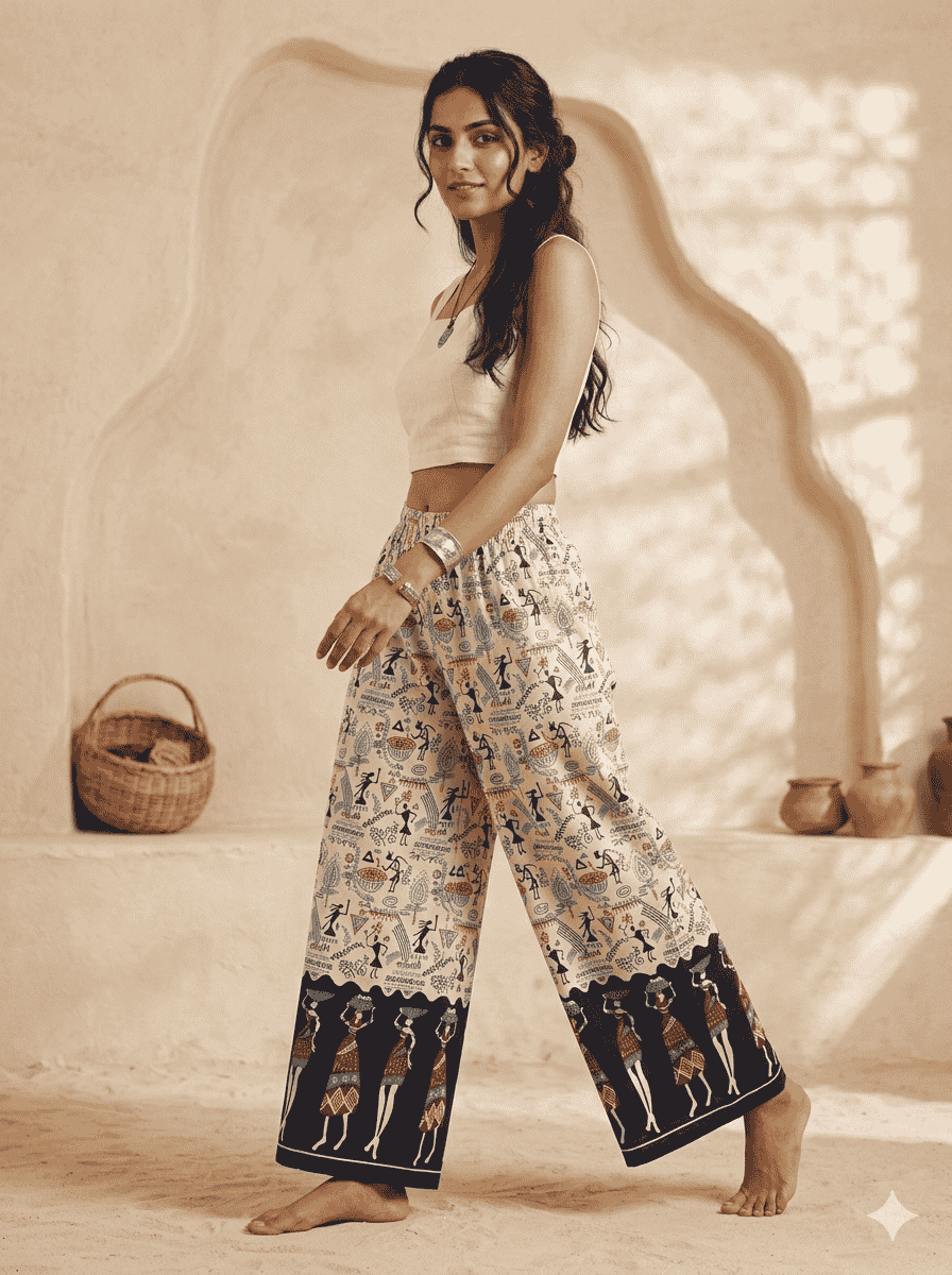 Hand-Block Print Kalamkari & Warli Tribal Palazzo Pants | Wide-Leg Breathable Cotton Ethnic Trousers