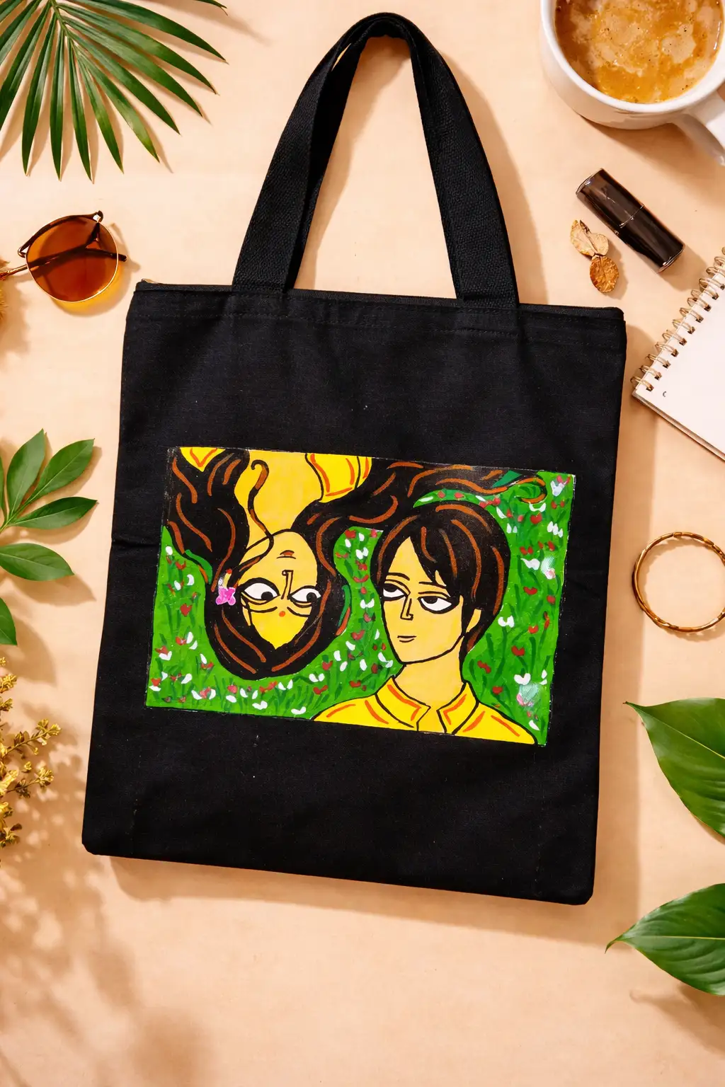 Hand-Painted Artistic Black Canvas Tote Bag – Folk Art Design