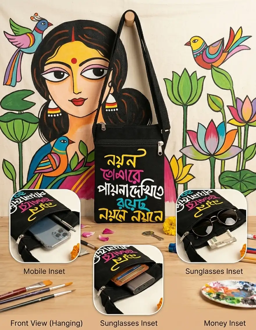 "Nayan" Hand-Painted Calligraphy Sling – 2-Compartment Mobile & Accessory Side Bag