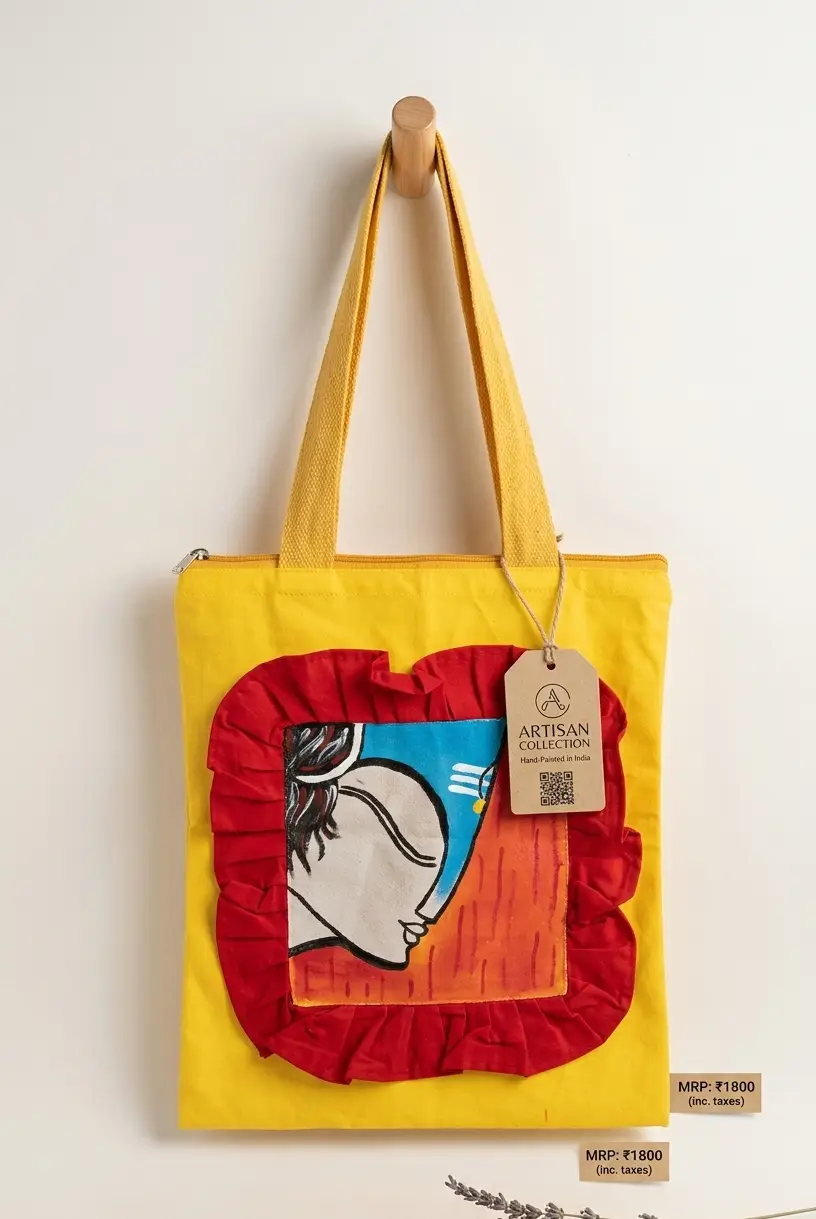 Nilkantha Hand-Painted Lord Shiva Canvas Tote – Divine Mahadev Art with Ruffled Border
