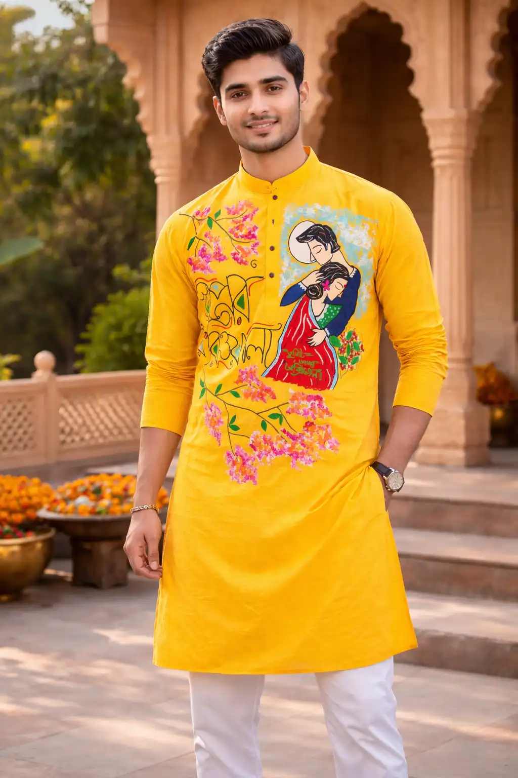 Hand Painted Swapner feriwala Yellow Cotton Panjabi for Men & Boys (Bengali Art Design)