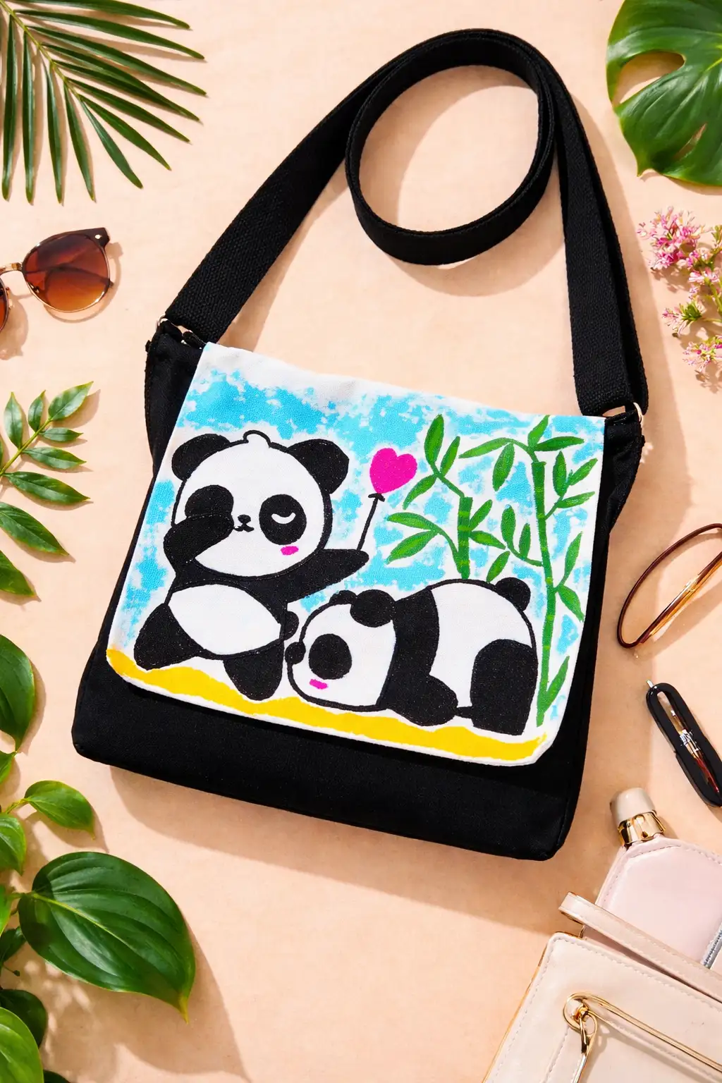 Hand-Painted Panda Sling Bag with Dual Compartments – Cute & Stylish