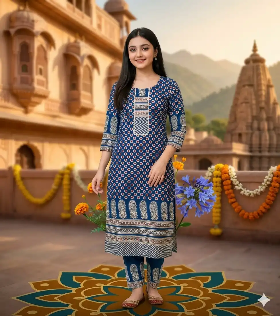 Royal Blue Ajrak Printed Two Piece Kurti Set with Pencil Pant (3/4 Sleeve) size 46