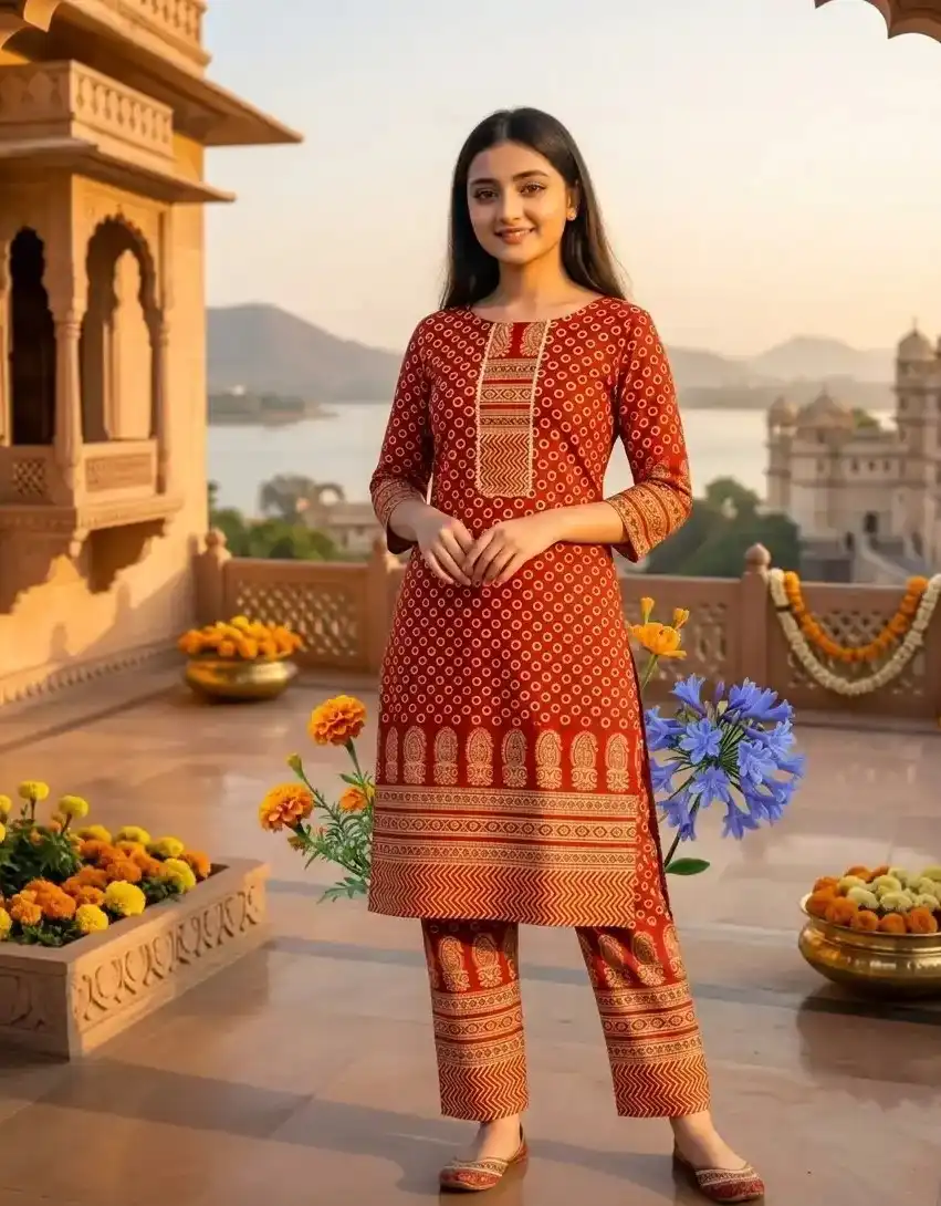 Red Ajrak Printed Two Piece Kurti Set with Pencil Pant (3/4 Sleeve) size 46