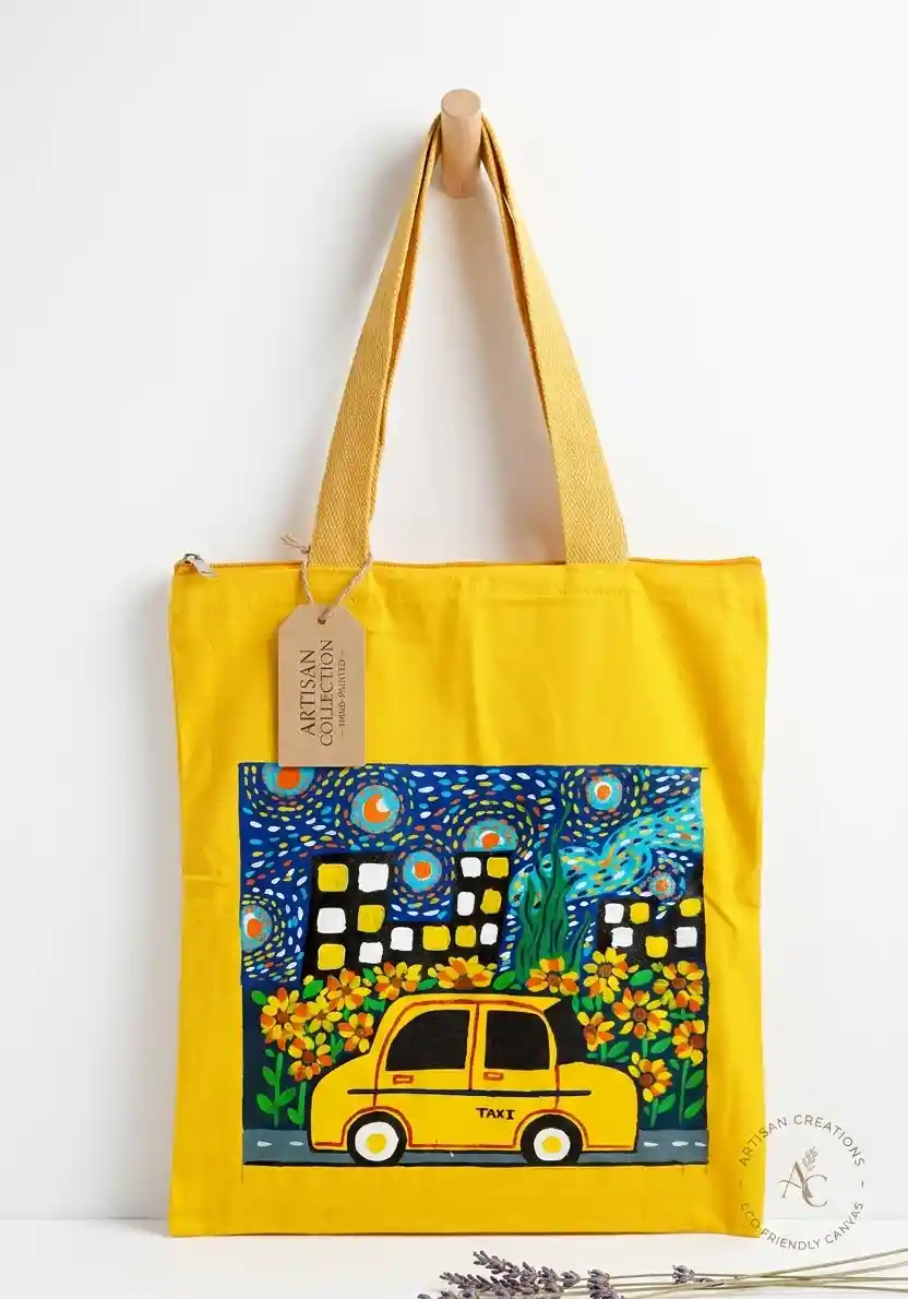 Starry Night City & Taxi Hand-Painted Canvas Tote Bag