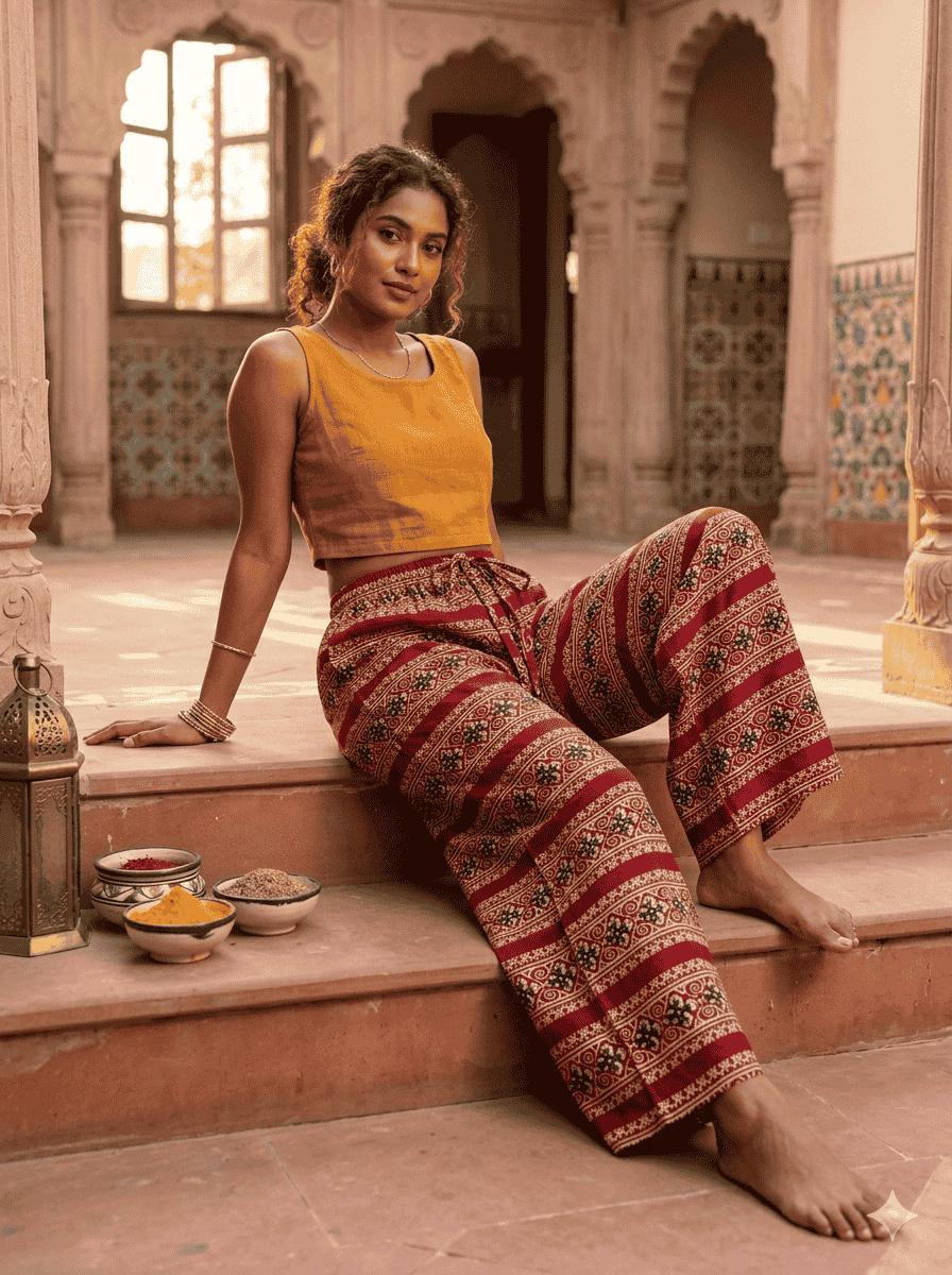 Vibrant Red Kalamkari Block Print Palazzo Pants | Wide-Leg Ethnic Trousers