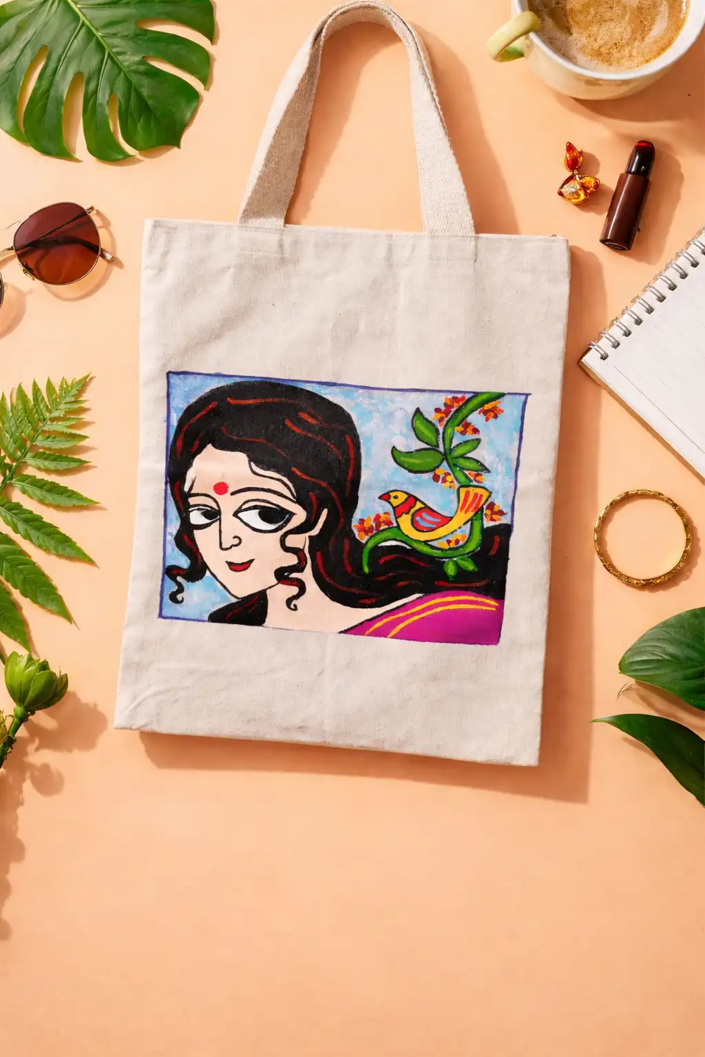 Hand-Painted Folk Art Canvas Tote Bag for Women