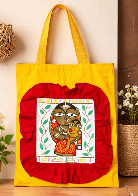 Hand-Painted Folk Art Mother & Child Canvas Tote Bag