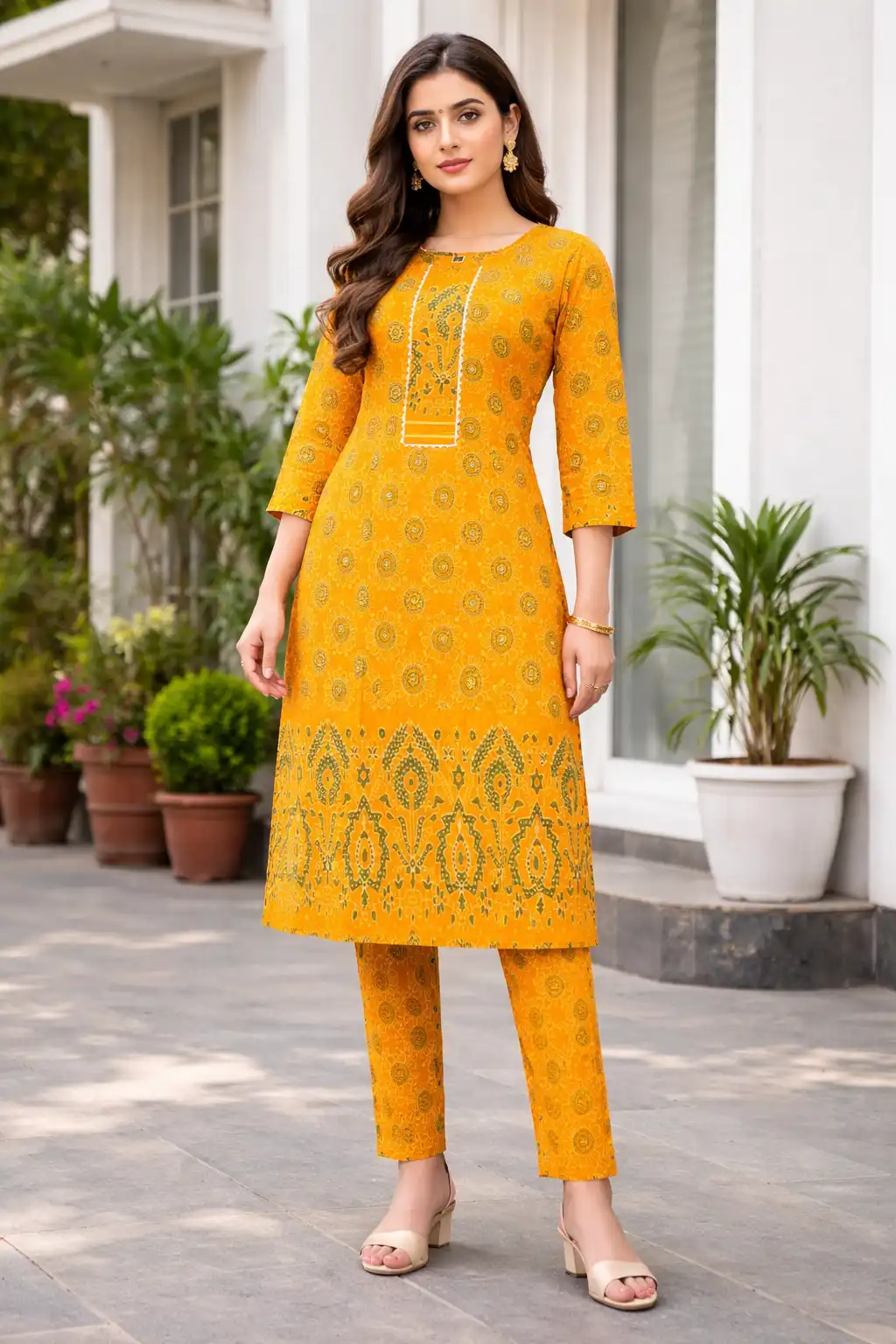 Ajrak Printed Yellow Two Piece Kurti Set with Pencil Pant (3/4 Sleeve)